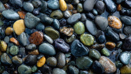Close-up Overhead Shot of Smooth, Wet River Rocks in a Variety of Colors and Sizes