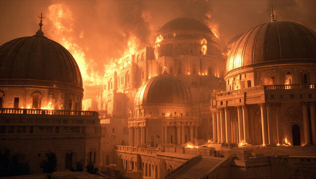 Ancient City of Jerusalem Burning in the Year AD 204 Intense Flames and Destruction