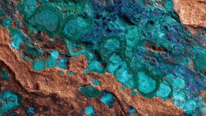 Abstract mineral texture with turquoise and brown hues - Natural rock formation close-up
