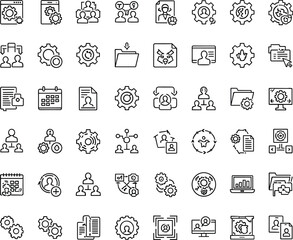 Comprehensive HR management and workflow optimization icon set featuring settings, user profiles, teamwork, documents, automation, planning, and organizational process symbols.