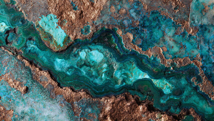 Close-up of Malachite Stone Texture Natural, Artistic Patterns in Earth Tones and Green