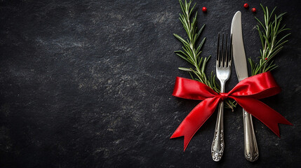 Festive set of cutlery knife and fork with red ribbon