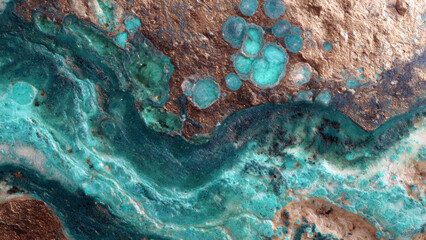 Luxurious natural stone texture featuring vibrant turquoise and metallic copper details, an abstract mineral background