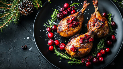 Roasted quail with cranberry and thyme on black plate
