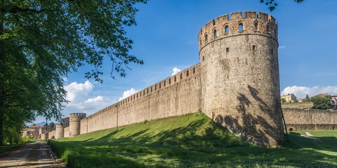 Ancient city wall of Montagnana in Veneto Region, stone battlements highlighting medieval defense architecture, historical preservation day