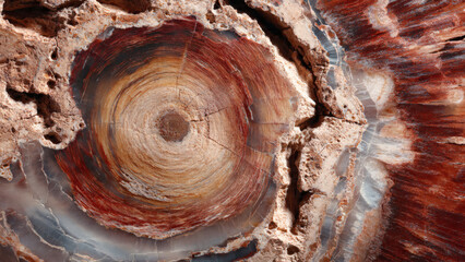 Mesmerizing concentric rings and vibrant earthy colors of ancient petrified wood, a detailed close-up showcasing fossilized geological beauty and unique natural texture