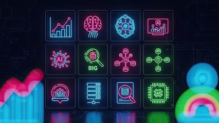 Futuristic AI concepts glowing with vibrant neon colors, perfect for innovative tech startups and modern data solutions, capturing the essence of cutting-edge technology