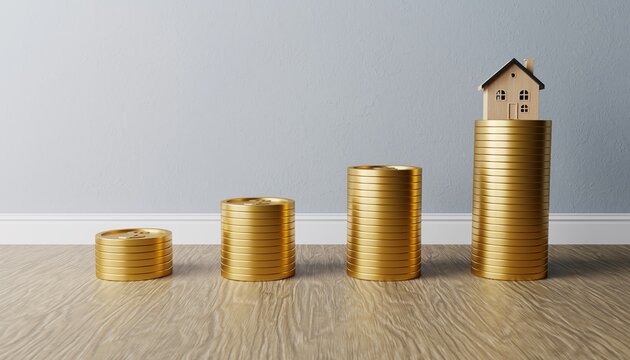 Rising stacks of gold coins with a house on top symbolizing financial growth and real estate investment.