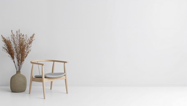 Scandinavian living area mockup featuring a wooden chair on a plain white background, minimalist design emphasis