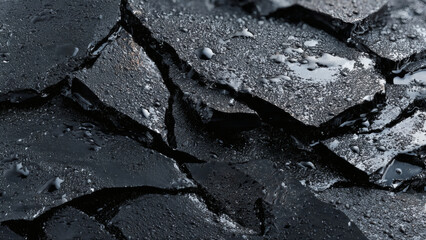 Rough and wet dark broken pieces of a material, resembling asphalt or stone, forming an abstract and textured pattern ideal for graphic backgrounds
