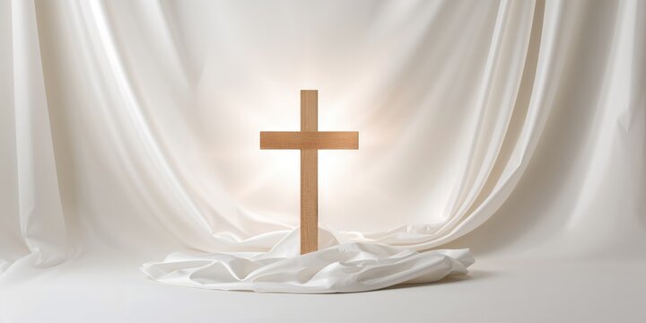 A religious cross on white fabric background used for Holy week observance, emphasizing faith and tradition