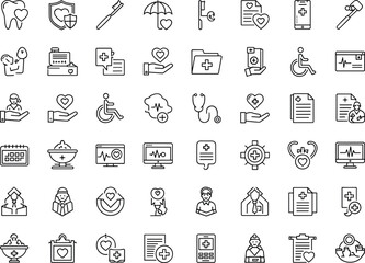 Comprehensive medical healthcare line icon set featuring treatment, wellness support, patient care, documentation, diagnostics, insurance, accessibility, monitoring, and professional medical services.