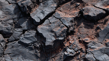 Close-up textured natural abstract background of dark gray and reddish-brown rock formation with cracks and fissures