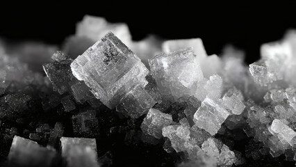 Macro photography of geometric salt crystals, showcasing their unique cubic structure against a dark background