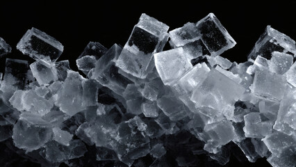 Close-up of shimmering ice crystals against a stark black background, evoking a sense of cold and purity