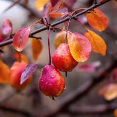 Ripe Red Fruit Hanging on Branch with Colorful Autumn Leaves