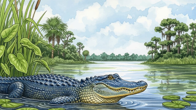 A detailed watercolor hand drawn illustration of an alligator swimming in a vibrant swamp landscape