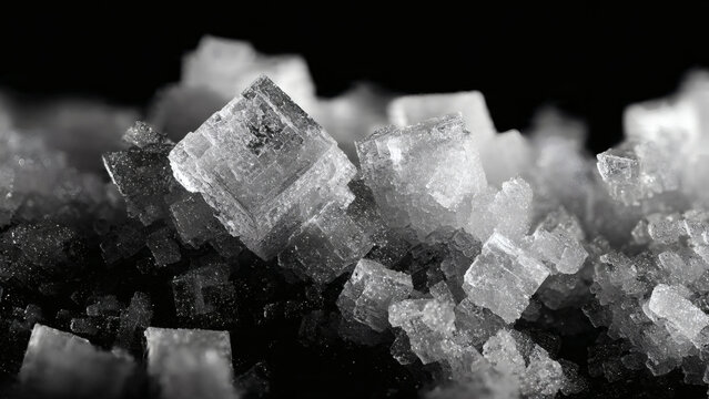 Macro photography of geometric salt crystals, showcasing their unique cubic structure against a dark background