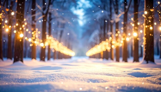 Winter Forest Path Lit with Fairy Lights.