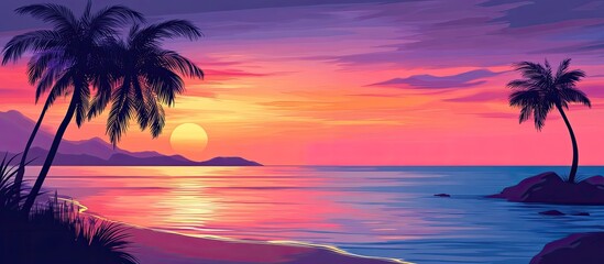 Fototapeta premium Colorful Sunset Over Ocean with Palm Trees and Reflective Water