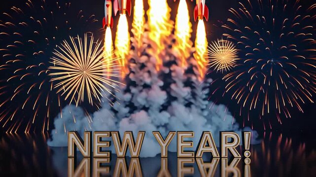 New Year celebration scene with rocket launch, colorful fireworks and festive smoke effects with metallic NEW YEAR text
