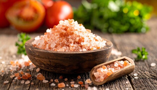 Himalayan Pink Salt in Wooden Bowl. - Powered by Adobe