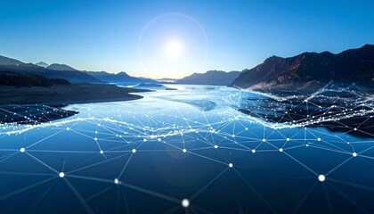 Scenic lake view with digital overlay.