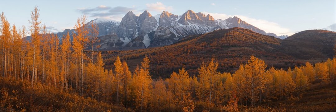 Golden larch trees on hills with mountain range in background, seasonal change highlights natural erosion risk - Powered by Adobe