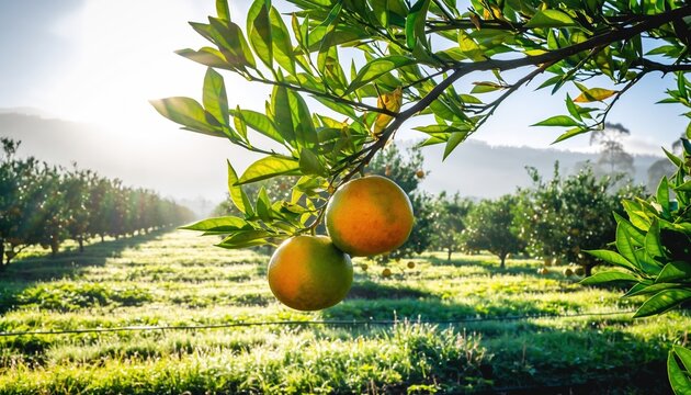 Sunlit Orange Grove with Ripe Fruit Hanging from Branches.