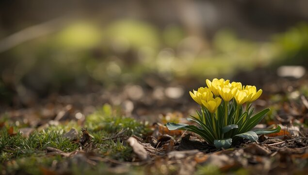 Winter aconite flower blooming in yellow hues, natural setting, spring season, supporting pollinator activity