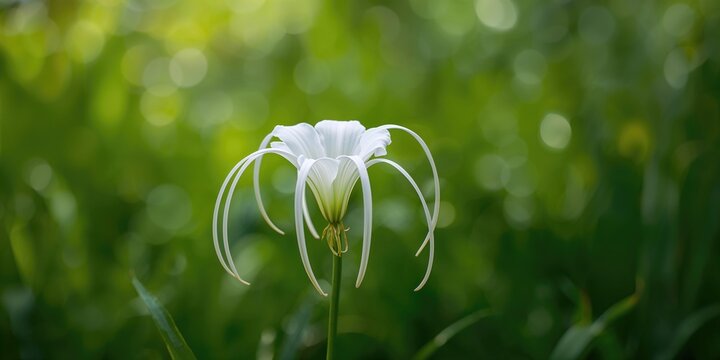 White Hymenocallis littoralis, beach spider lily, blooming in the garden, used as a floral accent in tropical landscape design