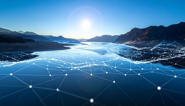 Scenic lake view with digital overlay. - Powered by Adobe