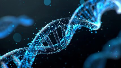 Close-up of blue digital DNA strand on dark background - Powered by Adobe