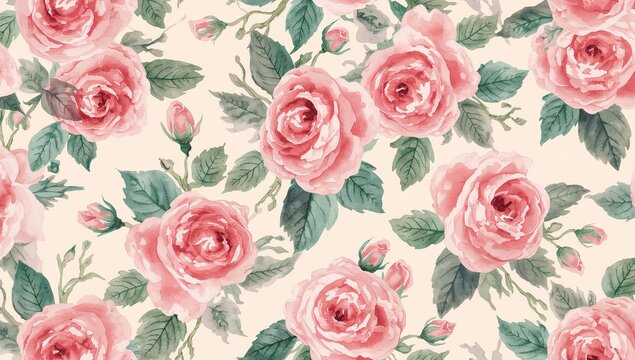 Rose floral pattern in watercolor on soft background, suitable for textile design and vintage decor