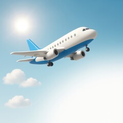 Whimsical Flight: Cartoon Airplane Ascending Under Sunny Skies with Puffy Clouds