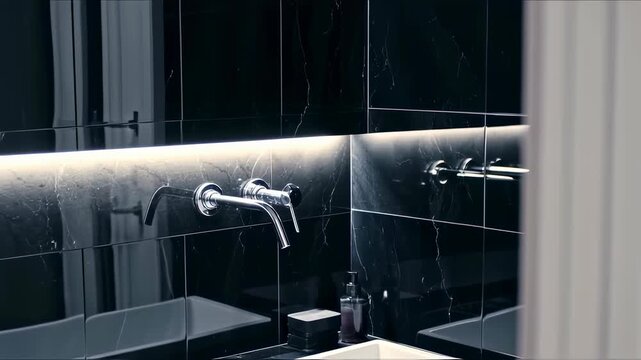 Modern bathroom design with black tiles and chrome fixtures.