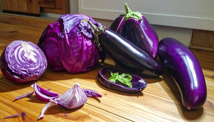 Purple vegetables cabbage with eggplant  basil.