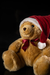 High-quality plush teddy bear in a Santa hat and red ribbon, styled for holiday advertising, product promotions, gift catalogs, and Christmas marketing campaigns.