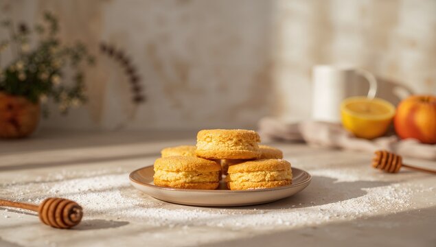 Honey biscuits with walnuts arranged on a plate, emphasizing natural ingredients and baking techniques