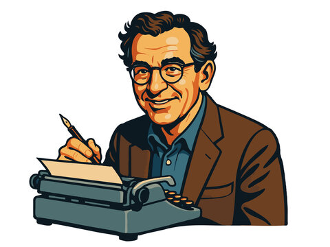 cheerful man in glasses using a typewriter and fountn pen, ideal for writing or publishing themes. raster colorful pop art illustration.