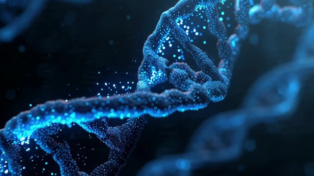 Close-up of Glowing Blue DNA Strand on Dark Background
