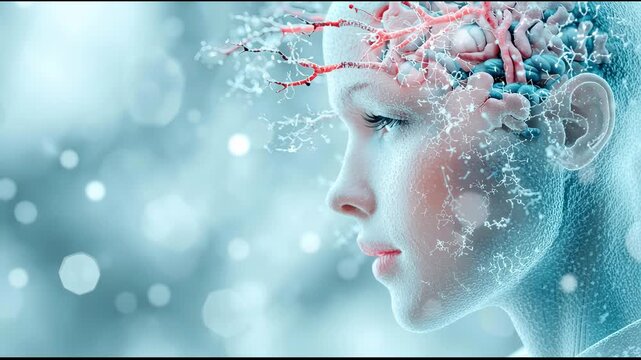 Woman s head transformed into complex brain structure figure s cerebral head symbolizes intellect and thought