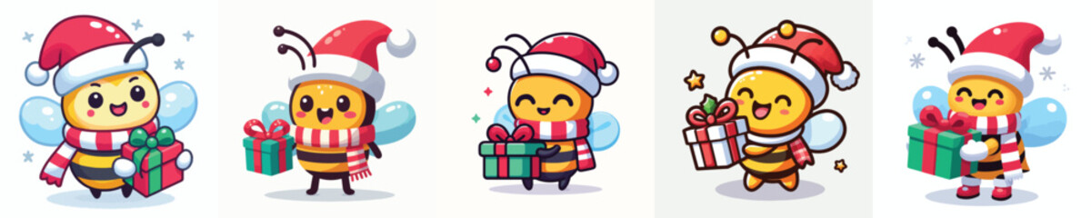 cute bee character vector in Christmas clothes carrying gifts