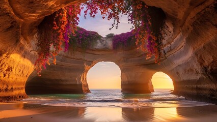 La jolla sea cave at sunset with vivid colors and ocean view