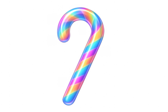 Candy cane with iridescent rainbow stripes on transparent background