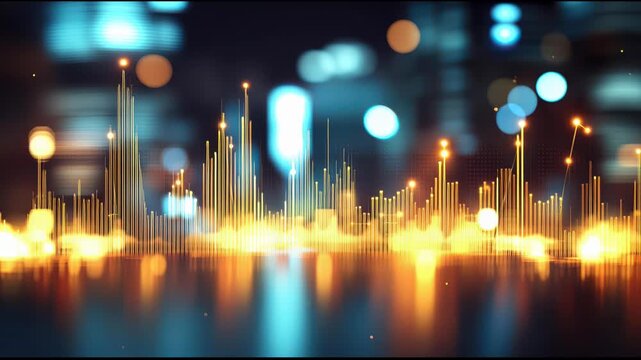 Abstract cityscape glows with dazzling urban reflections vibrant city lights illuminate blurred modern architectural forms