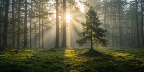 Sunrays filtering through a winter forest on a hazy morning, emphasizing seasonal change and natural light conditions