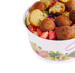 Fresh falafel salad with vibrant vegetables served in a colorful bowl
