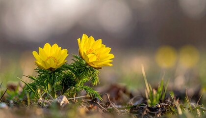 Two yellow flowers in spring garden.