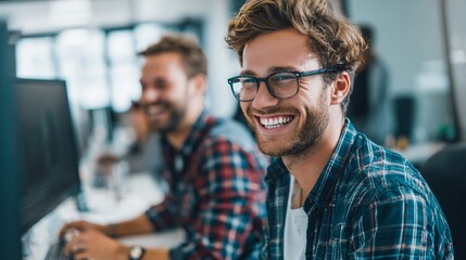 Cheerful young professional in plaid shirt and glasses smiling while working on computer in modern, bright open-plan office with colleague in background